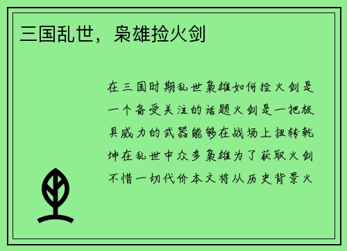 三国乱世，枭雄捡火剑
