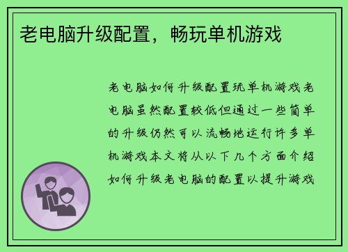 老电脑升级配置，畅玩单机游戏